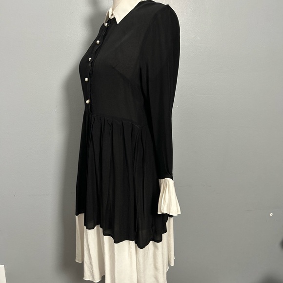 Beulah Silk Pleated Black White Collared Below Knee Dress, Size M - Picture 2 of 16